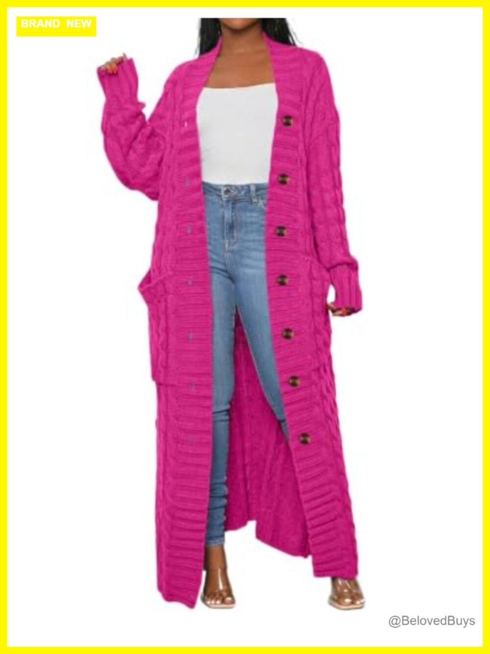 Women's Chunky Cable Knit Long Cardigan with Pockets Button